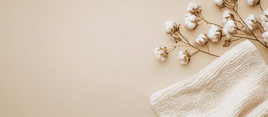 Leinwandbilder - Soft cotton flowers and a white terry towel on a beige backdrop top view Room for text. with copy space image. Place for adding text or design