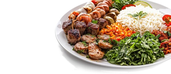 Aufkleber - Mediterranean and Middle Eastern dishes on a porcelain plate White backdrop. with copy space image. Place for adding text or design