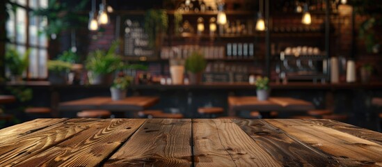 Sticker - Selected focus on an empty brown wooden table with a blurred coffee shop background. with copy space image. Place for adding text or design