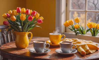 Poster - Two cups of coffee on a table with a yellow cloth. There are also two vases of tulips on the table