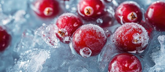 Aufkleber - Frozen red berries Cranberries in ice Macro view Copy space