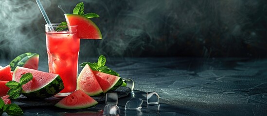 Leinwandbilder - Summer watermelon beverage A summer watermelon drink in a glass accompanied by slices of watermelon. with copy space image. Place for adding text or design