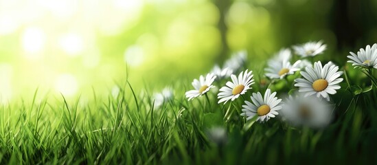 Aufkleber - Close up of wild daisy flowers among green grass. with copy space image. Place for adding text or design
