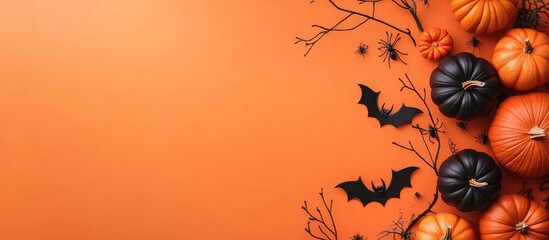 Poster - Decorative Halloween backdrop Bats spiders branches and black and orange pumpkins arranged on an orange background in a flat lay style. with copy space image. Place for adding text or design