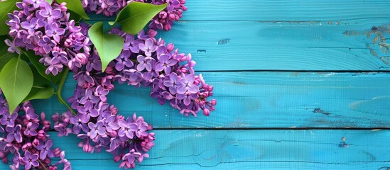 Poster - The lovely violet lilac set against a blue wooden background Flat lay with copy space arrangement