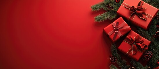 Aufkleber - Gift boxes adorned with ribbons and green arborvitae twigs on a red background Christmas banner Copyspace