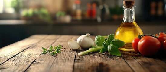 Leinwandbilder - Cooking ingredients on a wooden table include spring onion basil tomato and olive oil. with copy space image. Place for adding text or design