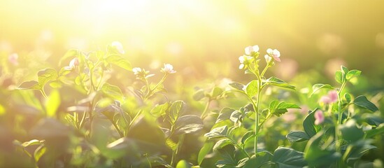 Aufkleber - Lovely field with flowering potato plants on a sunny day close up. with copy space image. Place for adding text or design