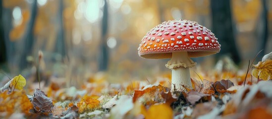 Poster - Red Fly Agaric Amanita Muscaria Poisonous Mushroom in a Close Up View in an Autumn Forest. with copy space image. Place for adding text or design