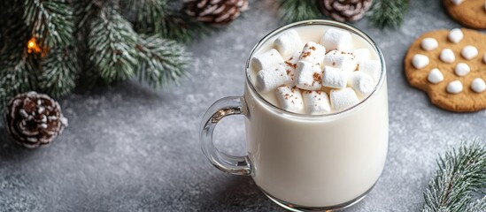 Fototapete - Christmas white drink eggnog with marshmallows in a glass mug on a grey background with spruce branches and cookies top view. with copy space image. Place for adding text or design