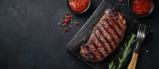 Fototapete - Medium rare grilled beef steak with sauce on a black wooden cutting board accompanied by utensils Copy space flat lay