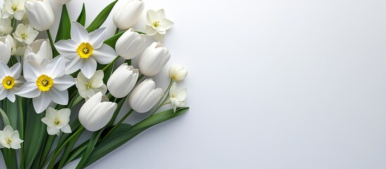 Aufkleber - a beautiful bouquet of fresh narcissus and tulips set against a white background. with copy space image. Place for adding text or design