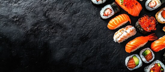 Leinwandbilder - An assortment of sushi on a wooden table with a black slate backdrop Asian cuisine arrangement Dinner gathering Top view Copy space overhead flat lay