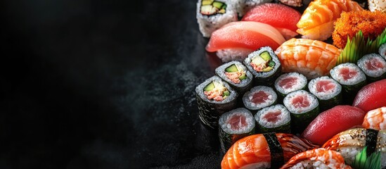 Leinwandbilder - A diverse collection of various sushi rolls Numerous sushi pieces isolated on a black background with accompanying text and copy space A prepared restaurant menu banner showcasing an assortment of 