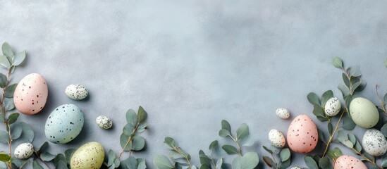 Poster - Frame composed of Easter eggs and eucalyptus branches on a grey background. with copy space image. Place for adding text or design