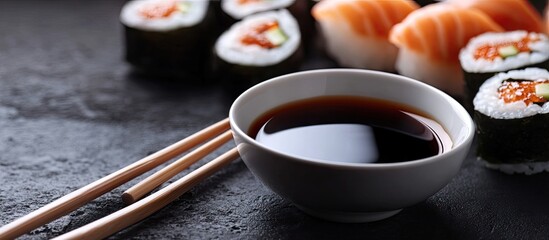 Aufkleber - Japanese sushi chopsticks and a sauce bowl with delicious soy sauce Chopsticks. with copy space image. Place for adding text or design