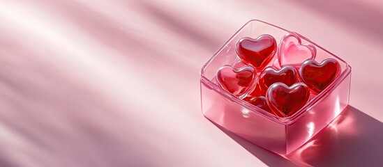 Aufkleber - Transparent candy shaped box containing sweet heart lollipops casting a hard shadow on a pink background with copy space The theme of Valentine s Day and Mother s Day Banner