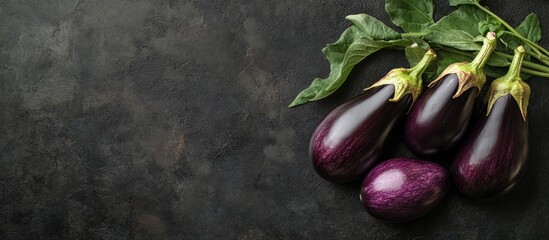 Fototapete - Fresh eggplants on a dark backdrop. with copy space image. Place for adding text or design