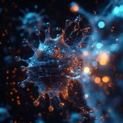 Poster - Detailed 3D visualization displaying a complex virus structure with glowing molecular details and RNA strands. Generative AI