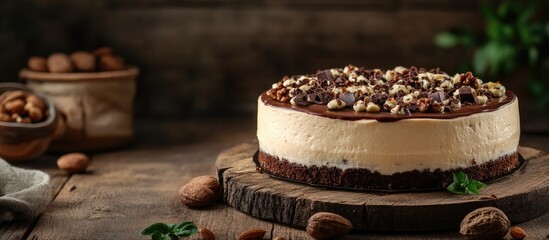 Aufkleber - Homemade cake cheesecake adorned with nuts and chocolate on a wooden table copyspace