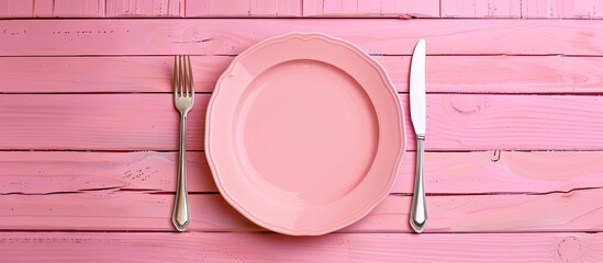 Fototapete - Empty plate accompanied by a fork and knife Pink wooden backdrop featuring the plate silver fork and knife with copy space above in a top view perspective