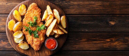 Poster - Tasty crispy pork schnitzel served with fried potato wedges Wooden backdrop Top view Copy space