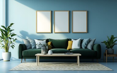 Modern living room interior design, teal walls, green sofa, sunlight