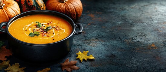 Leinwandbilder - Delicious pumpkin cream soup in a pot on a table. with copy space image. Place for adding text or design