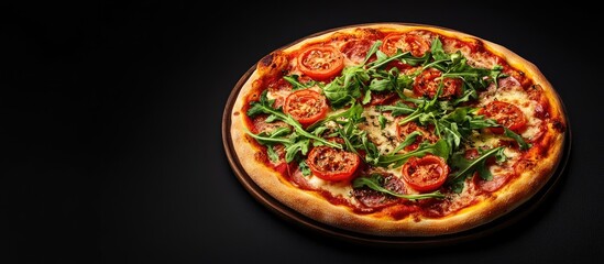 Poster - Pizza topped with tomatoes and arugula. with copy space image. Place for adding text or design