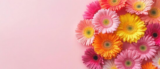 Leinwandbilder - Vibrant and colorful gerbera flowers on a pink background arranged in a flat lay Room for text. with copy space image. Place for adding text or design