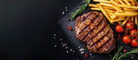 Fototapete - Tasty grilled steak served with cherry tomatoes and fries. with copy space image. Place for adding text or design