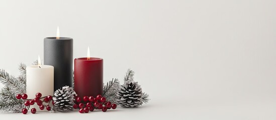 Poster - Candle and Christmas decoration set against a white background New Year s and Christmas interior decor. with copy space image. Place for adding text or design