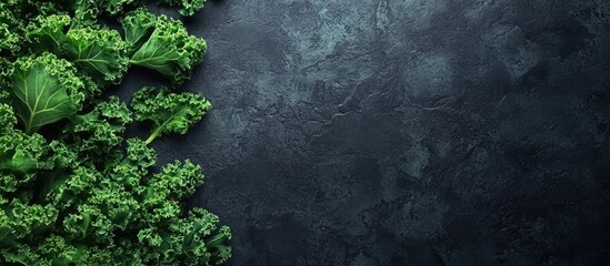 Fototapete - Fresh green kale leaves on a dark stone backdrop Nutritious food ingredients. with copy space image. Place for adding text or design
