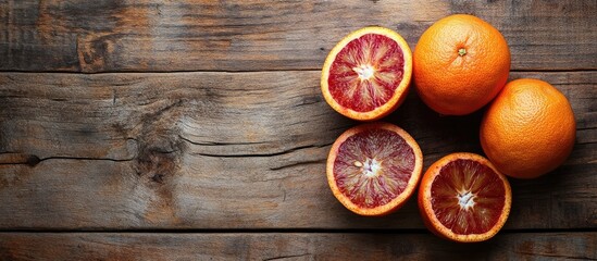 Aufkleber - Red Sicilian oranges rich in vitamins on a wooden background part of the special Mediterranean diet with free copy space