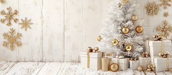 Wall Mural - Christmas decorative arrangement featuring a white Christmas tree shiny gold snowflakes golden Christmas balls and stars and gift boxes on a rustic white wooden background Concept for Christmas or 