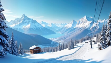 Wall Mural - Snowy winter landscape in ski resort. Scenic alpine view with mountains covered in snow. Ski lift ascends mountain slope. Wooden cabin sits amid snow-covered trees. Calm lake nestled in valley. Sunny