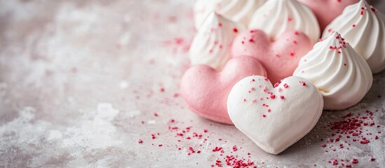 Leinwandbilder - Homemade heart shaped meringues on a light stone background Valentine s Day theme copy space