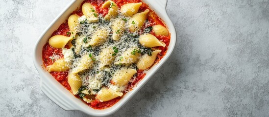 Aufkleber - Raw conchiglioni pasta filled with ricotta cheese and spinach topped with tomato sauce and parmesan cheese presented in a white baking dish on a gray concrete surface. with copy space image