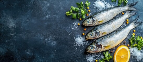Poster - Herring salted fish seafood menu concept with serving size Food background from above with copy space for text suitable for organic healthy eating keto or paleo diets and pescetarian raw options