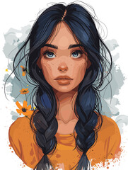 Portrait of beautiful girl with long braids. Vector illustration.