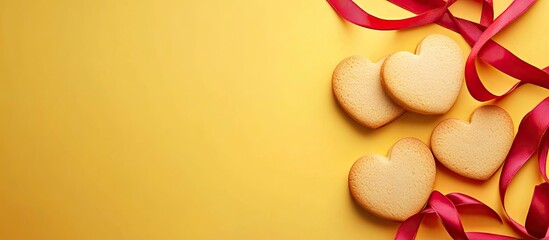 Aufkleber - Heart shaped cookies on red ribbons against a yellow background Copy space