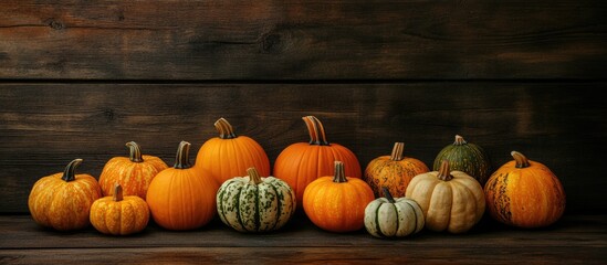 Fototapete - Mini pumpkins and gourds arranged on a dark wood background with copy space around them