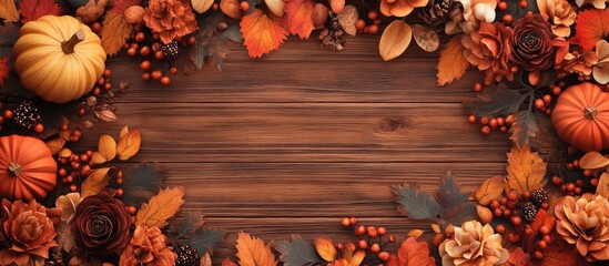 Fototapete - Autumn backdrop featuring leaves berries flowers and pumpkins in shades of orange yellow and red set against a wooden background. with copy space image. Place for adding text or design