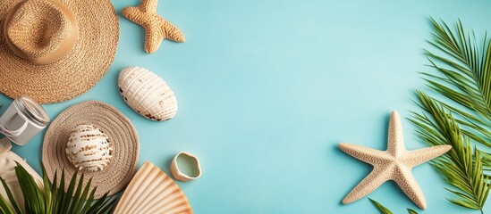 Poster - Flat lay of beach accessories and a summer background from a top view. with copy space image. Place for adding text or design