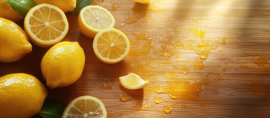 Aufkleber - wood table featuring freshly squeezed lemon juice and lemon slices. with copy space image. Place for adding text or design