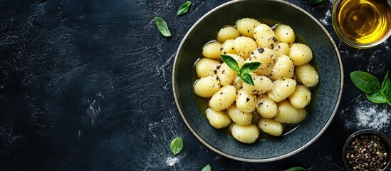 Aufkleber - Gnocchi Pasta cooked with truffles garlic onions olive oil and fresh herbs and spices A traditional appetizer or side dish at American steakhouses or French bistros. with copy space image