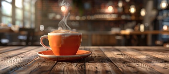 Wall Mural - Close up of a coffee cup on a wooden table at a restaurant or cafe with copyspace Fresh drink