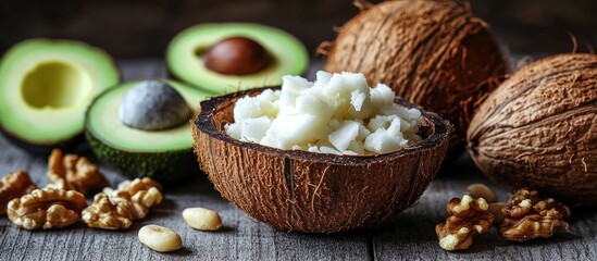 Poster - A close up shot of ketogenic foods coconut and coconut butter avocado walnuts and macadamia nuts. with copy space image. Place for adding text or design
