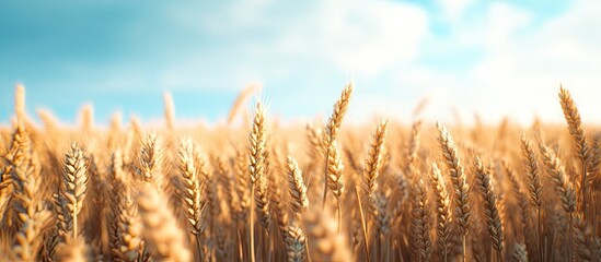 Poster - Ripe wheat field against a blue sky ready for harvest crops with copy space for text