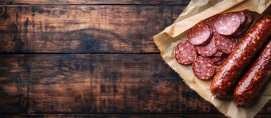 Fototapete - smoked sausage and sliced Finnish salami wrapped in paper placed on a wooden background. with copy space image. Place for adding text or design